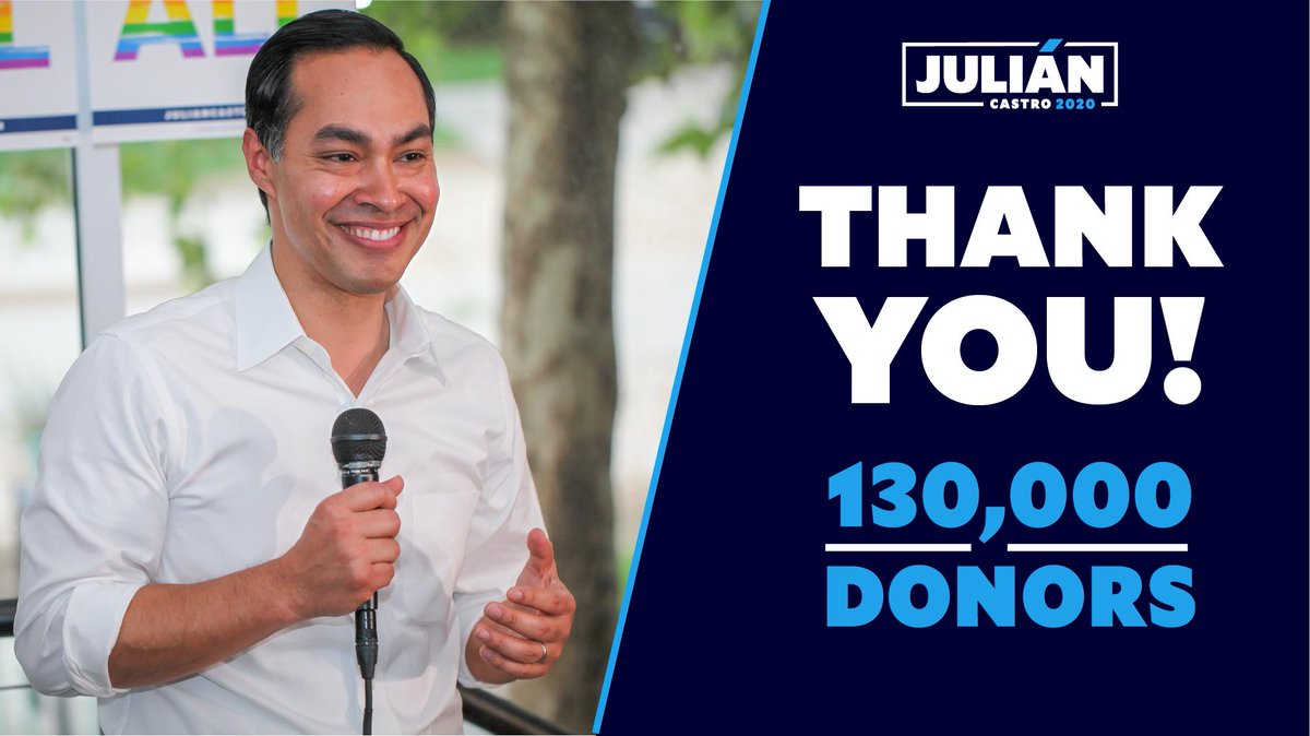 JulianCastro's tweet photo. Hey, y'all, I have great news! This morning we hit a key requirement to qualify for the fall debates: 130,000 of you have made a donation to my campaign. Thank you, I'm honored to have your support! Let's keep up the great momentum! https://t.co/ybULwTL0bi