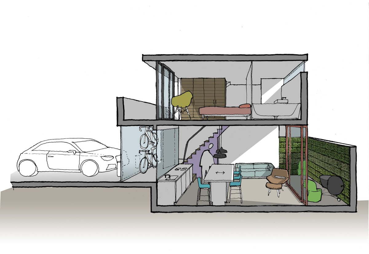 potentialetc's tweet image. This design is for a client who had a standalone garage on their property, bordered on 3 sides by neighbouring gardens. Despite the restrictive size, I squeezed in a tiny 1-bedroom house by digging down slightly to keep the height to a minimum. Commissions from £150. Nationwide.
