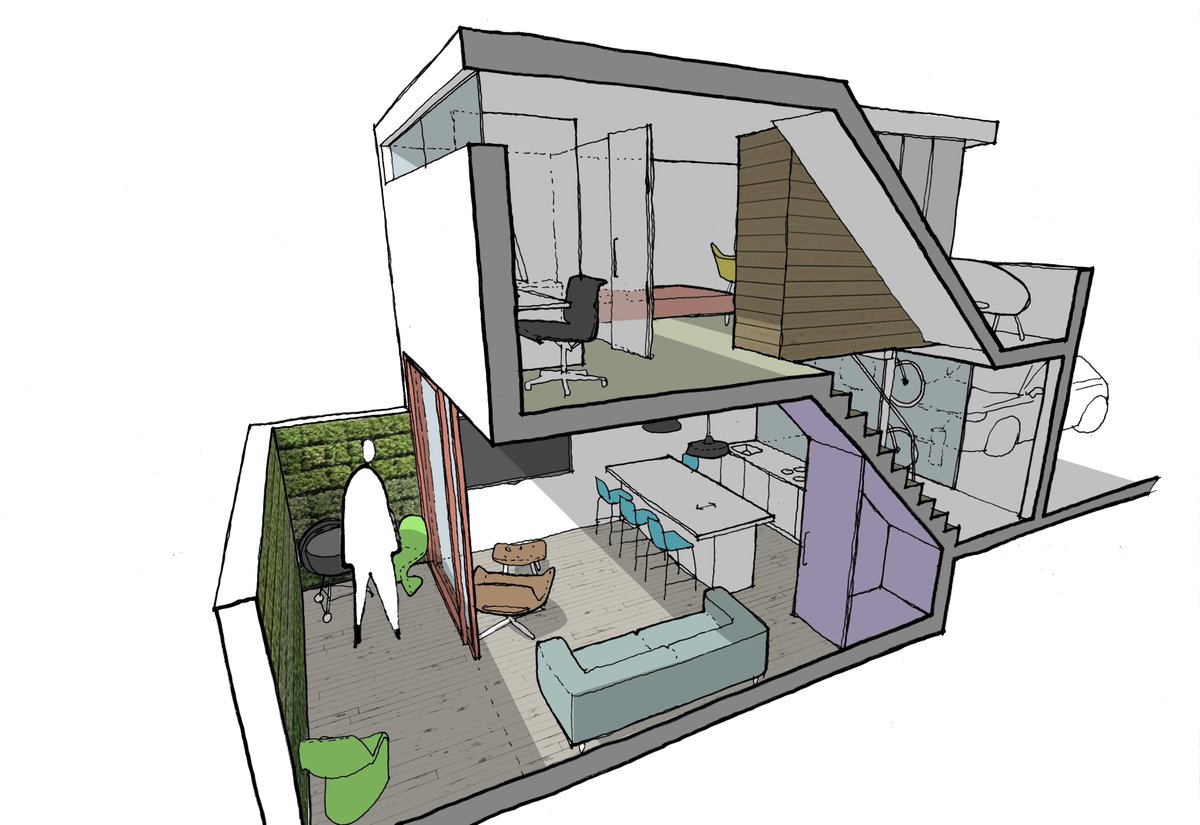 potentialetc's tweet image. This design is for a client who had a standalone garage on their property, bordered on 3 sides by neighbouring gardens. Despite the restrictive size, I squeezed in a tiny 1-bedroom house by digging down slightly to keep the height to a minimum. Commissions from £150. Nationwide.