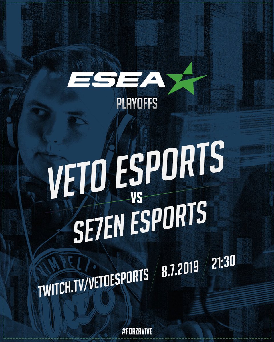 VetoEsports's tweet image. TÄNÄÄN JATKUU. ESEAN pleijarit tiedossa kun Veto kohtaa venäläisen Se7en ESEA MAINISSA.
▫️
Playoffit paras kolmesta kartasta ja tappiosta pelit päättyvät siihen
▫️
KANNUSTA VETO VOITTOON VETO.GG TAI TWITCH.TV/VETOESPORTS!
▫️
#esportsfi #forzavive #vimpelspulling