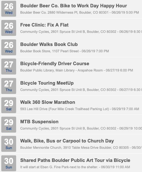BoulderWalkBike's tweet photo. Walk and Bike Month isn't over yet! There are still fun and informative events thru Sunday, like tonight's #BiketoWorkDay Happy Hour at @BoulderBeerCo, Sunday's Walk 360, FREE bicycle mtce classes at @CommunityCycles  and more!
Details: https://t.co/ezMHJsSCzn #walkandbikemonth https://t.co/w5AUzdRiZR