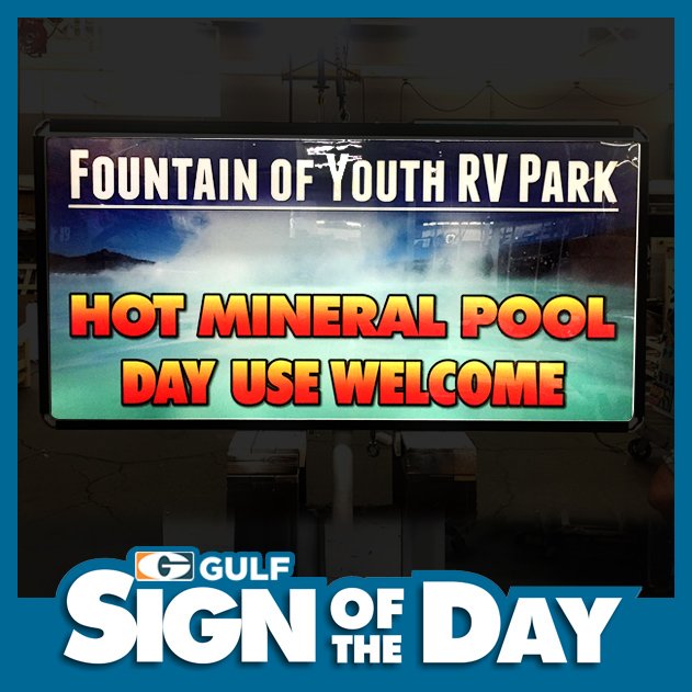 GulfDevSigns's tweet photo. Today's Sign of the Day: Fountain of Youth RV Park - Hot Mineral Pool Day Use Welcome
https://t.co/e9dpoDj2kZ
#signoftheday #gulfdevelopment #gulfdevsigns #businesssigns https://t.co/2eYJH4HQEz
