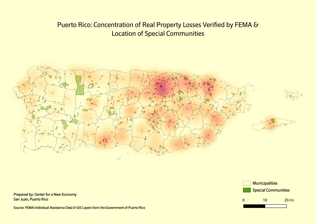 deepakln's tweet photo. Here's a "heatmap" by @grupocne that shows where real property losses were most concentrated. It also shows the location of the island's "special communities" (some of the most vulnerable). These spatial patterns should guide @Cor3pr reconstruction priorities. More to come. https://t.co/OFZqA96twv