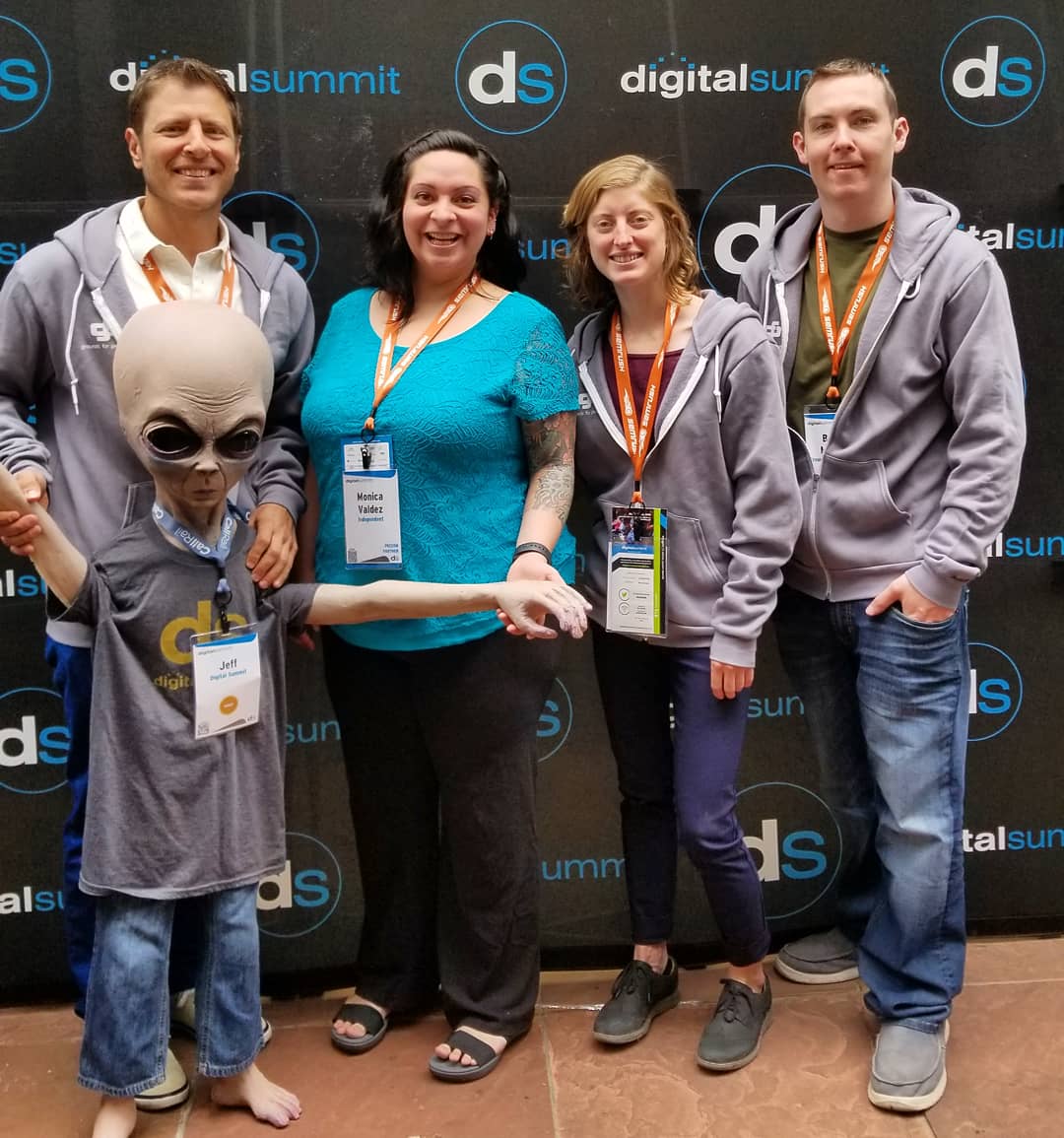 After 7 years of waiting, we're so pumped to have Monica Valdez (<a href="/minanana/">monica valdez</a>) join us full time on Monday! 🤘 Here we are at Digital Summit Denver. 
The alien? Just a summer intern. 😁 #DSDen