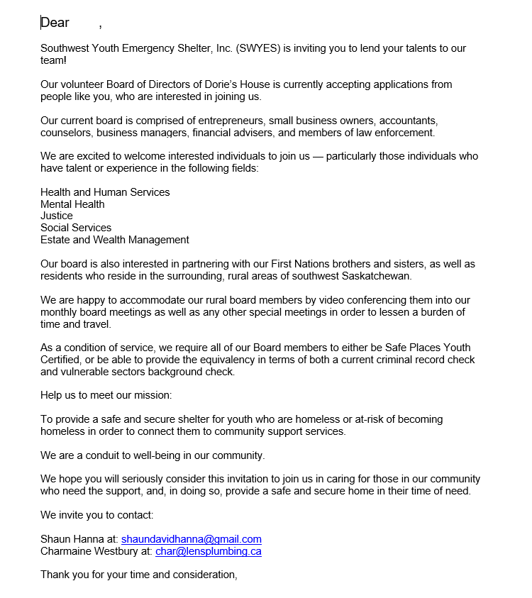 Our volunteer Board of Directors of Dories House are currently accepting applications from people like you to join our board! Please join us on July 16th, 2019 at 7PM at The Modern Family Restaurant. 

Can't make the AGM? Please email Shaun or Char for more information.