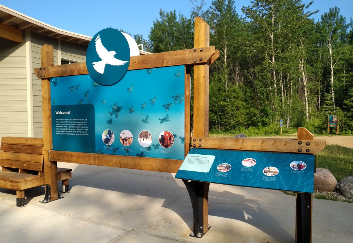 altoaluminum's tweet image. Newly installed signage at the Boreal Center for Bird Conservation, Lesser Slave Lake, AB. Blues and whites pay tribute to the water, sky, clouds and snow that make this a special sanctuary for so many birds. #customsign #wideformatgraphics  #coldweathersigns #skylineexhibits