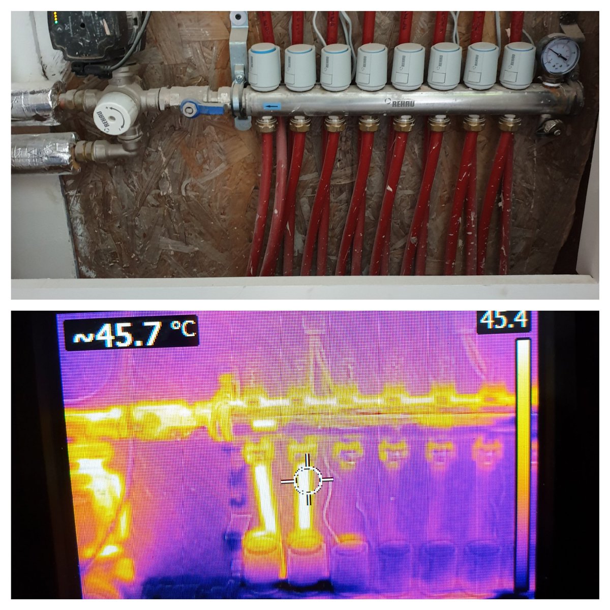Commissioning today at a project we installed previously near Stockport. All four Rehau manifolds now balanced and performing exactly as they should #commissioning #underfloorheating #thermalimaging #heatandscreed #weknowhow #rehaupartners #maincontractor