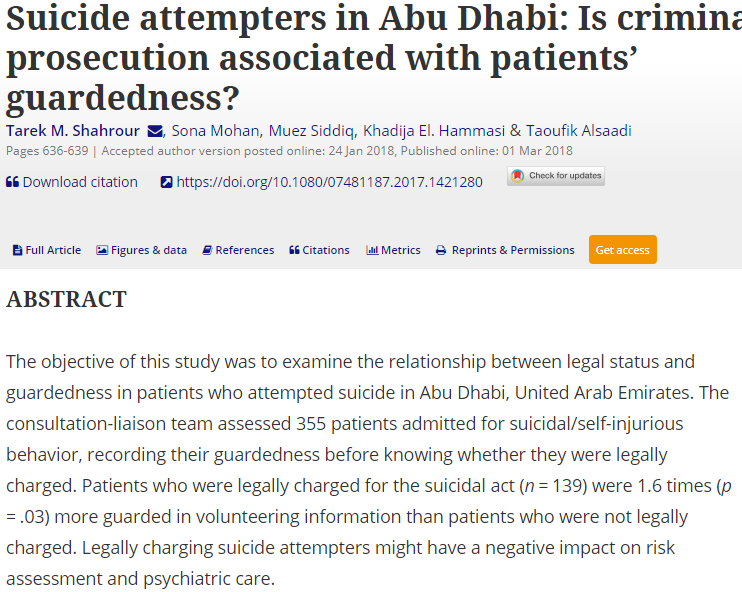 This paper on criminalising suicide attempts in Abu Dhabi investigates the specific harm of making people unwilling to disclose information to mental health staff, and finds an association with being charged