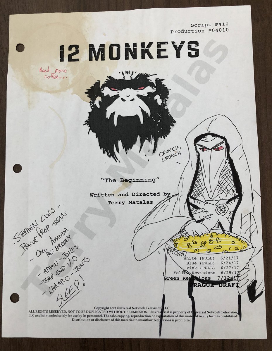 CancerGetsLOST's tweet image. Huge thanks @TerryMatalas for kindly donating a custom doodle on a #12Monkeys script cover for the CGL TV Writers Room Doodles Charity Auction! 100% to benefit the children’s cancer org @pablove, our auction is curated by @OKBJGM &amp;amp; opens online August 21. cancergetslost.org/2019-cgl-tv-wr…