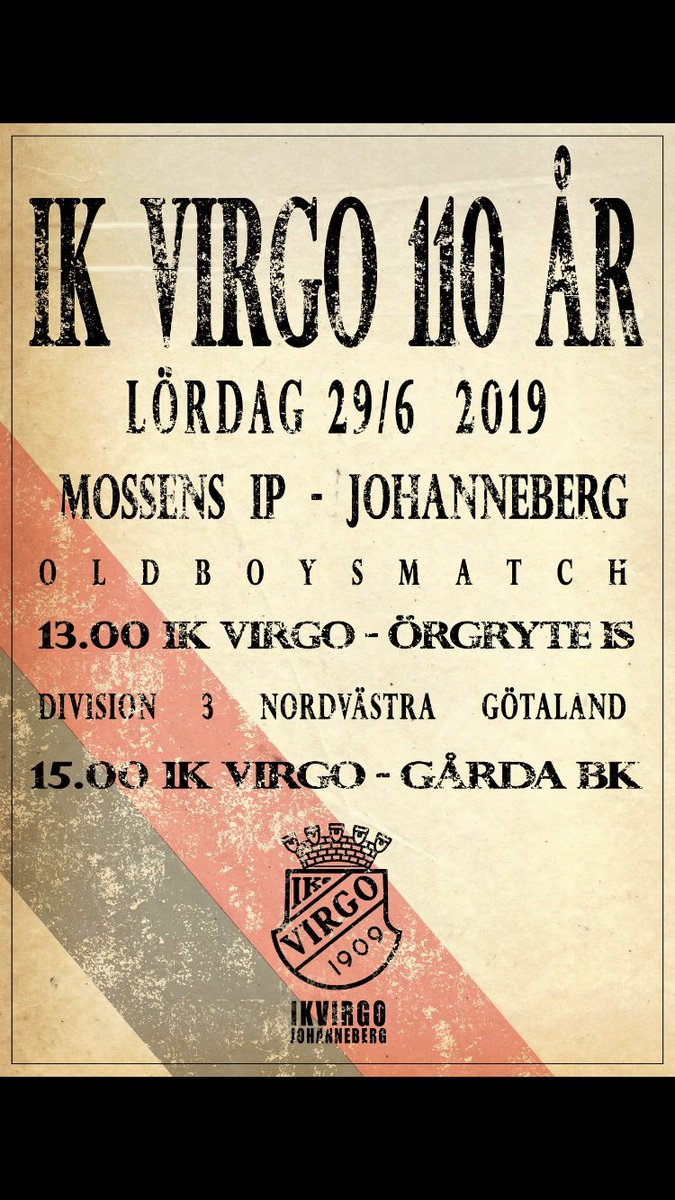 På lördag sker nått fint i lokalfotbollen! Vi firar 110 och bjuder in 100-årsjubilaren <a href="/GardaBK/">Gårda BK</a>. Även <a href="/OrgryteFotboll/">ÖIS Fotboll</a> oldboys kommer på besök för möte av Virgos diton! <a href="/GPSporten/">GP-sporten</a> livesänder, men upplevs givetvis bäst på plats! Välkomna!