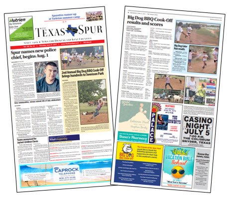 texas_spur's tweet photo. The Texas Spur is now available.
Read all about:
-Spur's new police chief
-Results from Big Dog Cook-Off
-The line-up for the Gridiron Classic in Jayton in August
-The Spurettes' strong summer showing
-Activities on the tiny house scene
#spurtexas #coolsmalltown @texas1Afan https://t.co/QbhVQCNYgC