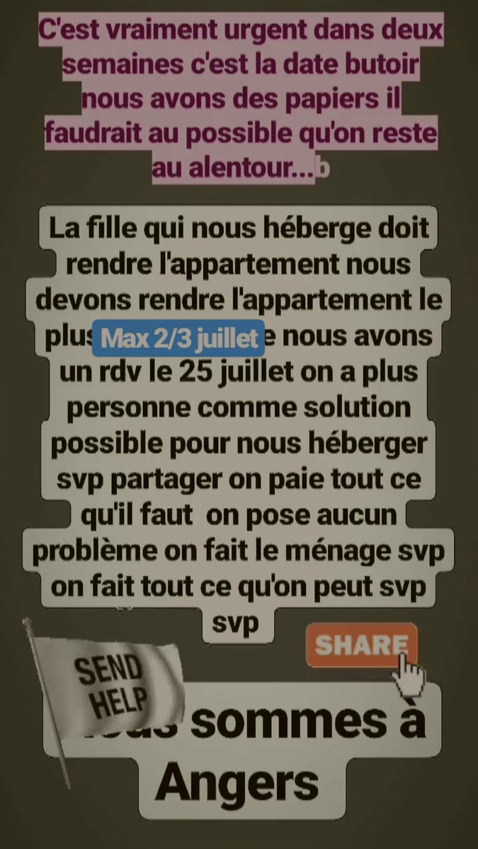 Error_404_here's tweet image. RT APPRÉCIÉS

Je n'ai aucune visibilité mais je tente quand même. Pour fait court, 2 jeunes femmes se retrouveront à la rue d'ici peu si personne ne leur propose une possibilité d'hébergement sur ANGERS. (Elles ont déjà essayé tout ce qui est foyer etc et ça n'a rien donné)