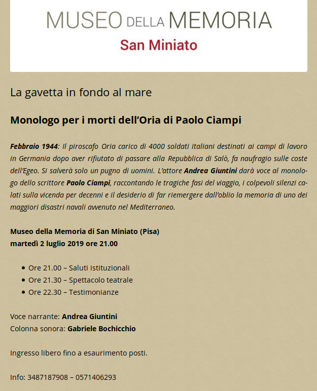 piroscafooria's tweet photo. La gavetta in fondo al Mare, monologo per i morti dell'Oria di @paolociampi
Museo della Memoria di San Miniano (Pisa) - 2 luglio 2019. https://t.co/2XuamGqrEY