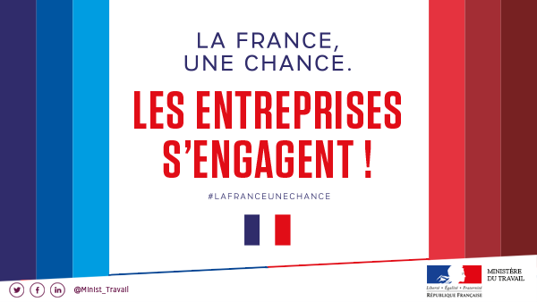 Travail_Gouv's tweet photo. [#LaFranceUneChance] Partout, les #entreprises s'engagent pour que la France soit une chance pour tous ! Objectif : mobiliser 10000 entreprises pour l'#emploi, la formation, l'orientation, l'#insertion. Pour en savoir plus ➡️ https://t.co/jFp7vLXS1T #inclusion https://t.co/hDyRDhhMKI