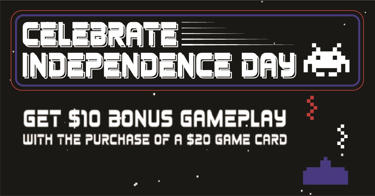 Making plans for the #4thOfJuly? Come celebrate at Pinballz Lake Creek with $10 in bonus gameplay w/ the purchase of a $20 Pinballz Game Card!

1 offer per person. Only valid 7/4/19. Valid at all 3 Pinballz locations. Cannot be combined with any other offer.

#ATX #Austin #Arcade