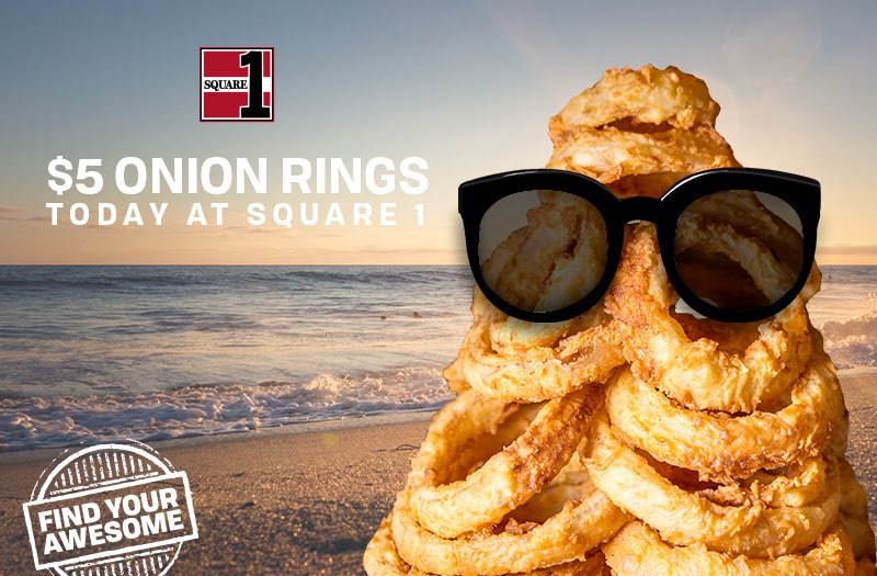 Square1Burgers's tweet photo. It's officially summer and even our Square 1 onion rings are ready to celebrate! Today, Wednesday, June 26, mountains of our house-made double-dipped onion rings are ONLY $5. https://t.co/mmwO27dQTt