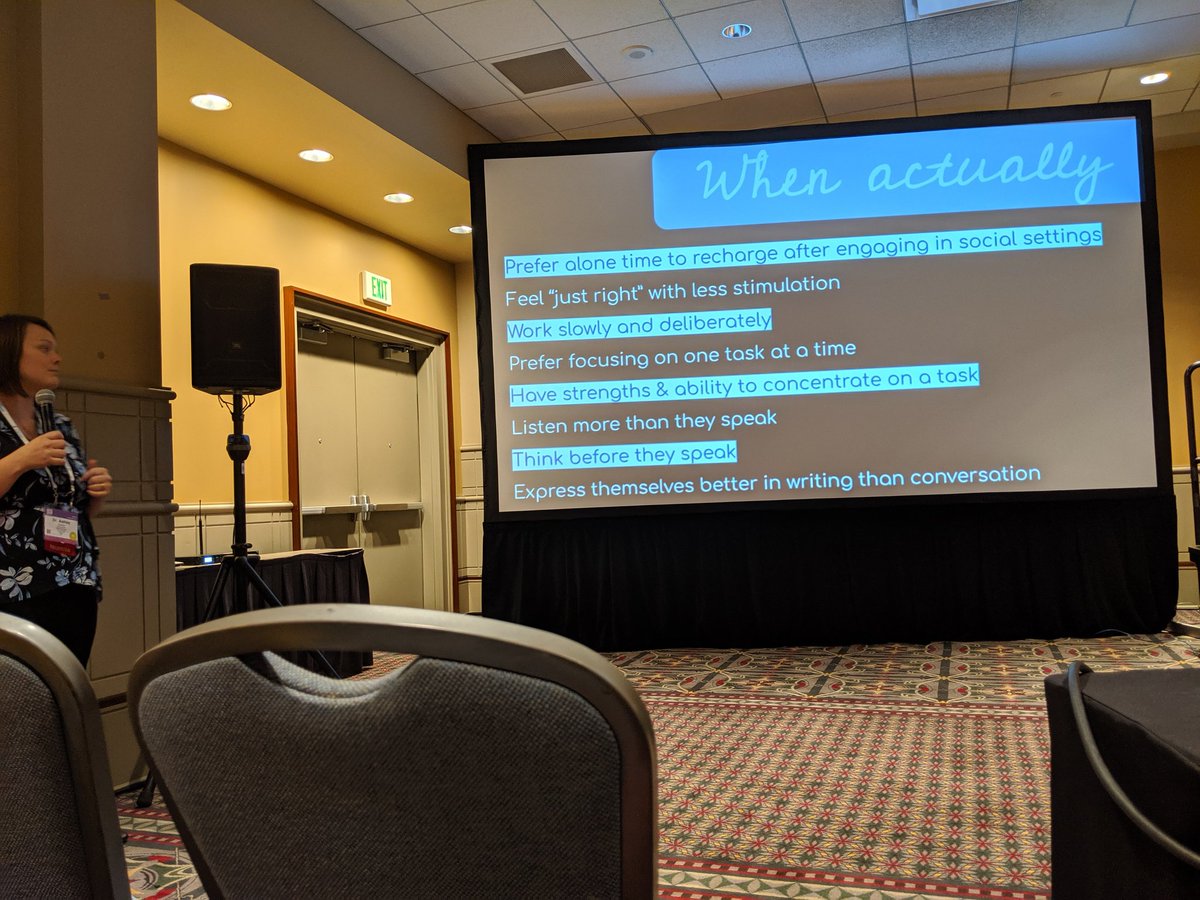 kariloeber's tweet photo. Loving this presentation on misconceptions of introverted learners and using tech to help! Remind you of anyone @BishtonSingers? #ISTE19 https://t.co/RfO7ArUfee