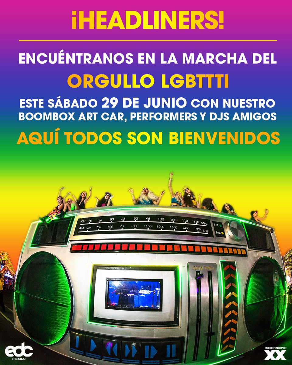 EDC_MEXICO's tweet photo. ¡Headliners! Por primera vez, seremos parte de la marcha del Orgullo LGBTTTI+ 🌈 en la Ciudad de México, acompáñenos a celebrar la diversidad y la inclusión este próximo sábado. ❤️🧡💚💙💜

#AquíTodosSonBienvenidos https://t.co/OeJSz6NySJ