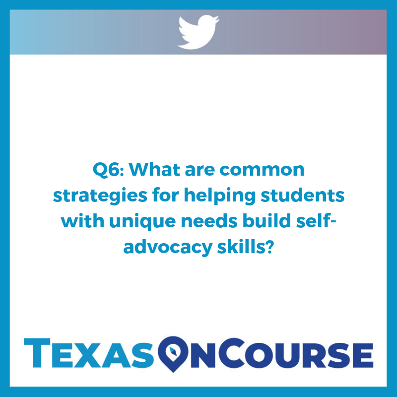TexasOnCourse's tweet photo. Q6) How can WE help students with disabilities develop solid #SelfAdvocacy skills? #UniqueAdvising https://t.co/GalQQr7AFv