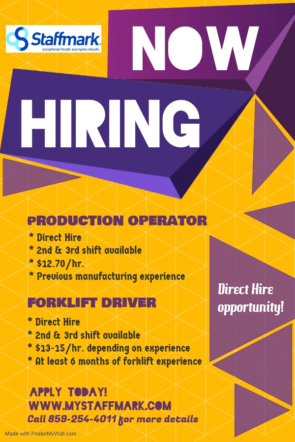 staffmarklexky's tweet photo. Exciting opportunity! #NowHiring #ForklliftDriver #Production #DirectHire #VersaillesJobs #ApplyNow at https://t.co/dQSjAcwr0c https://t.co/YZmTJLIJVS