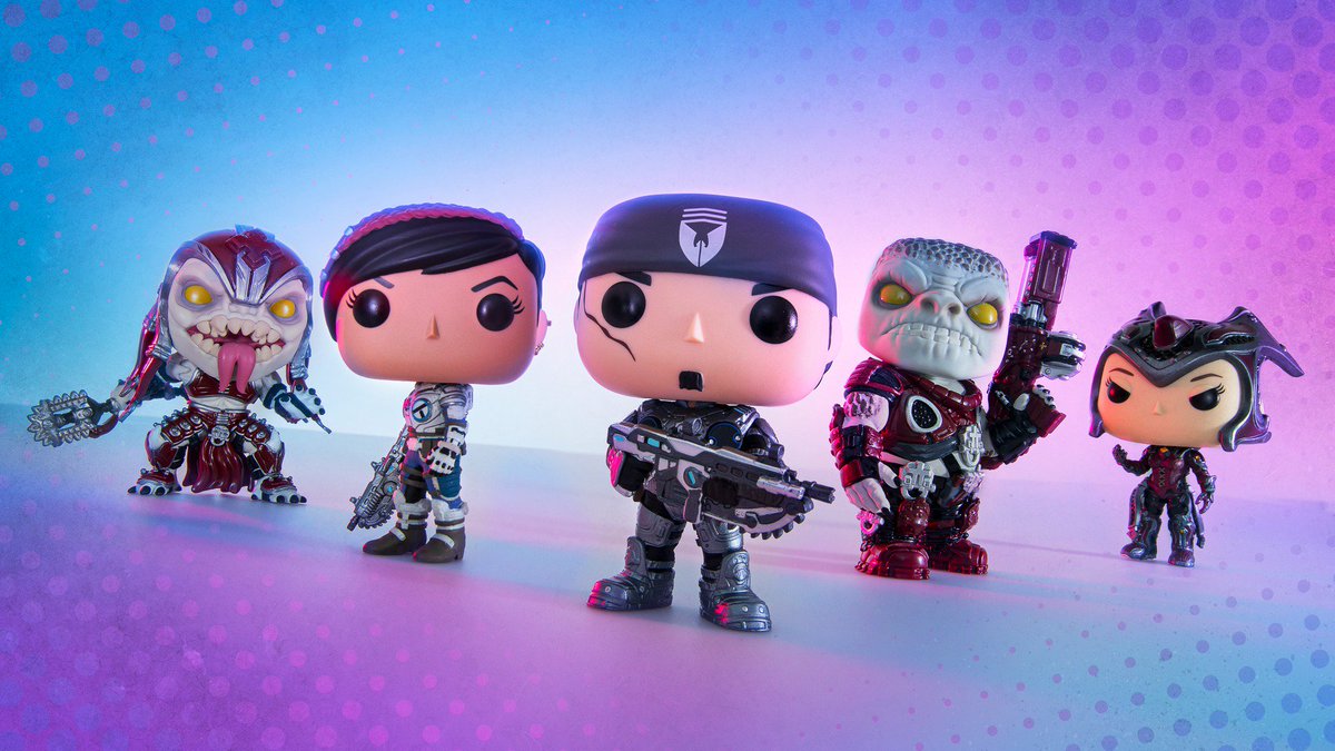 Gears of War Funko Pop toys lined up against a purple and blue background. From left to right: Skorge, Kait, Marcus, General RAAM, and Queen Myrrah.