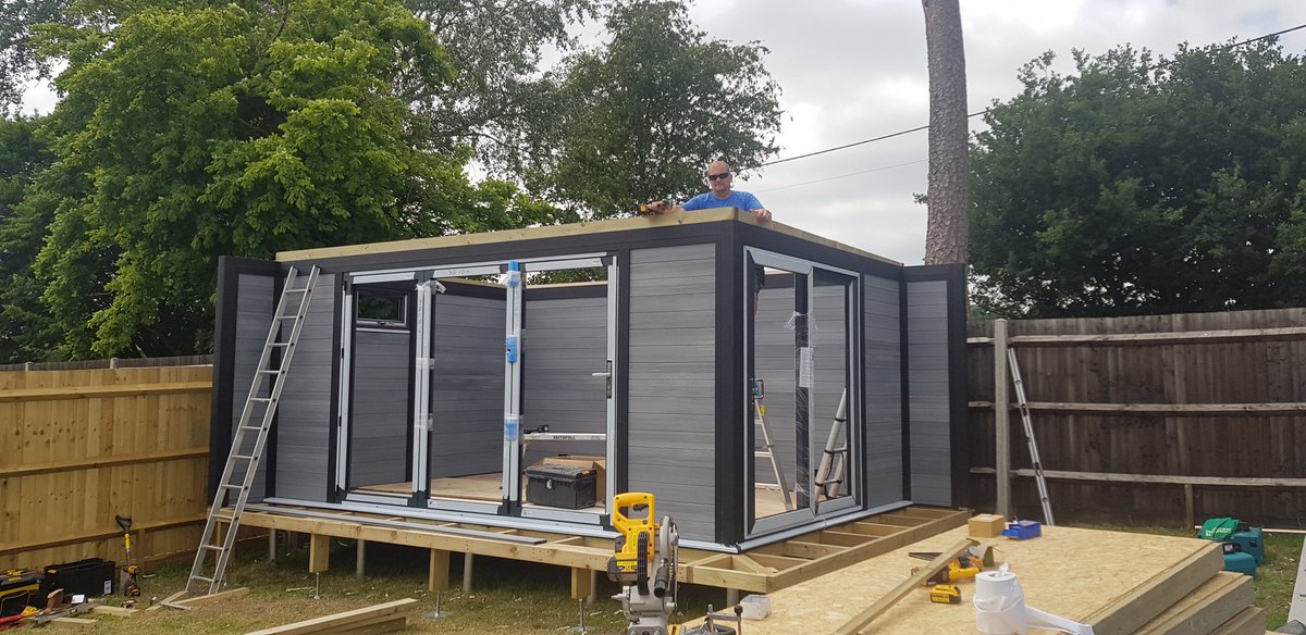 IpcWindows's tweet image. New composite garden room showroom coming along well. Composite wall panels, aluminium bifold and Upvc window and inline patio.