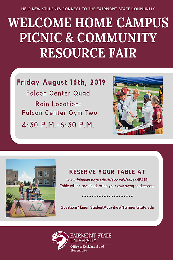 FairmontStateGL's tweet photo. CALLING ALL CHAPTERS! Register for a table at the Campus Picnic &amp; Community Resource Fair to meet new students at Welcome Weekend. Register at: https://t.co/aMWgRYJ6K2. We can't wait to see you there! https://t.co/ZpHvxTEdYp