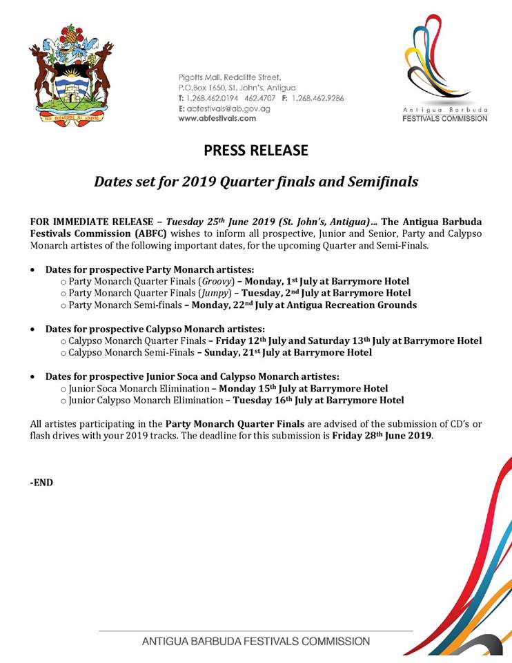 Antiguanice's tweet photo. Mark the dates for Quarter and Semi Finals for Party and Calypso Monarch!
π¦π¬ Details here: https://t.co/UX7zLnWlTP
#AntiguaCarnival #PartyMonarch #CalypsoMonarch #SocaMonarch #Calypso #Soca #AntiguaNice https://t.co/mTuwdATrcM