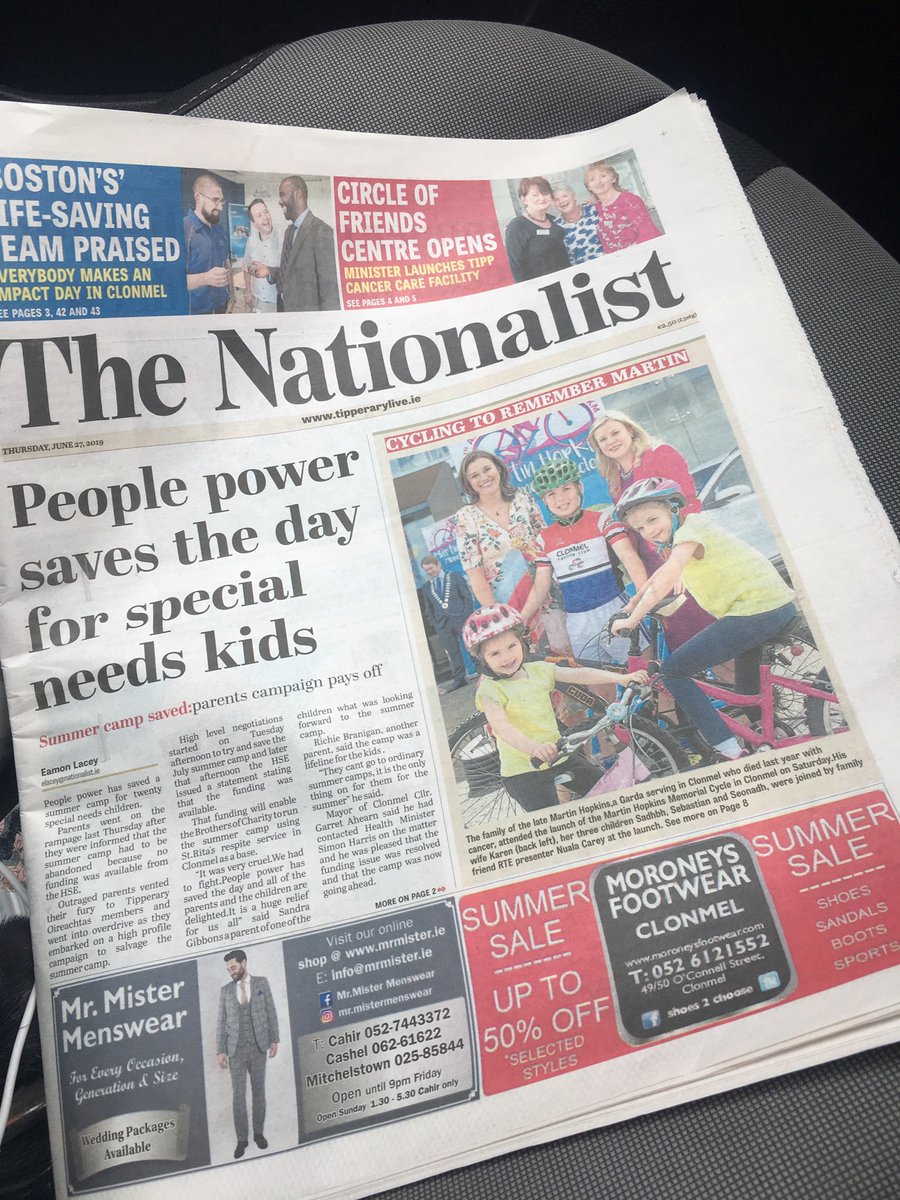 MartinsCycle's tweet photo. Front page #Tipperary @TheNationalist & full page write up in #AngloCelt! Great way to launch the Martin Hopkins Memorial Cycle! Roll on 10 August #cycleforMartin https://t.co/Yy1ELRE70G