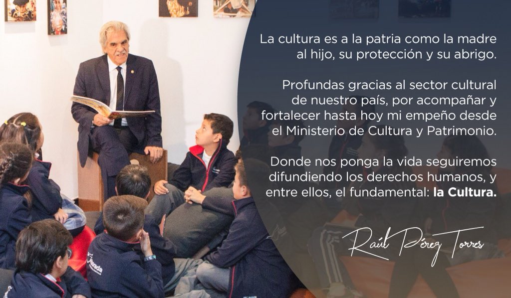 La cultura es a la Patria como la madre al hijo: su protección y abrigo. Profundas gracias al sector cultural por acompañar hasta hoy mi empeño desde <a href="/Cultura_Ec/">Viceministerio de Cultura y Patrimonio</a>.
Donde nos ponga la vida seguiremos difundiendo los derechos humanos y, entre ellos, el fundamental: la Cultura.