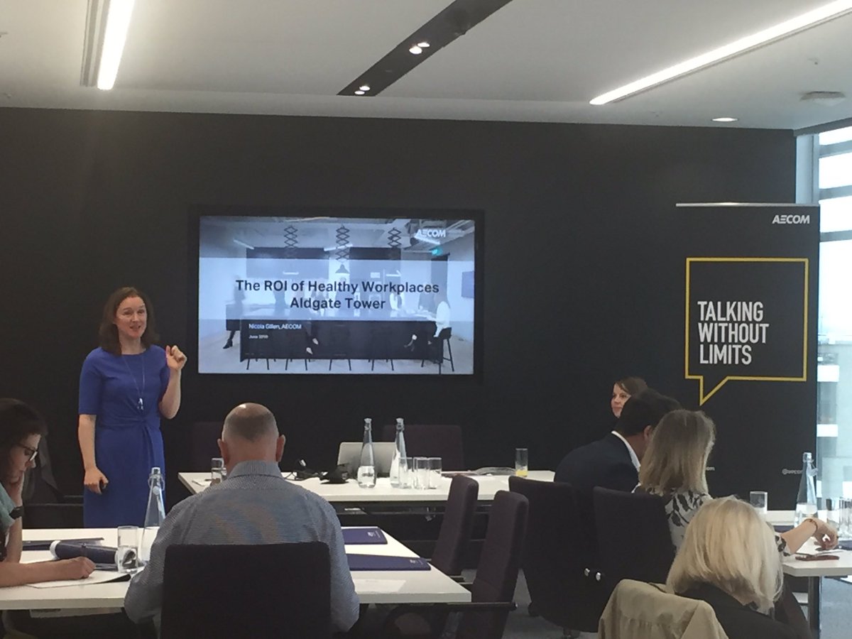 AECOMBuildPlace's tweet photo. Through the use of our own office we measured effectiveness and wellbeing within our London HQ. Instigating behaviour and cultural changes @nmgillen @HenleyBSchool #poe #talkingwithoutlimits https://t.co/Rz6cezBLlD
