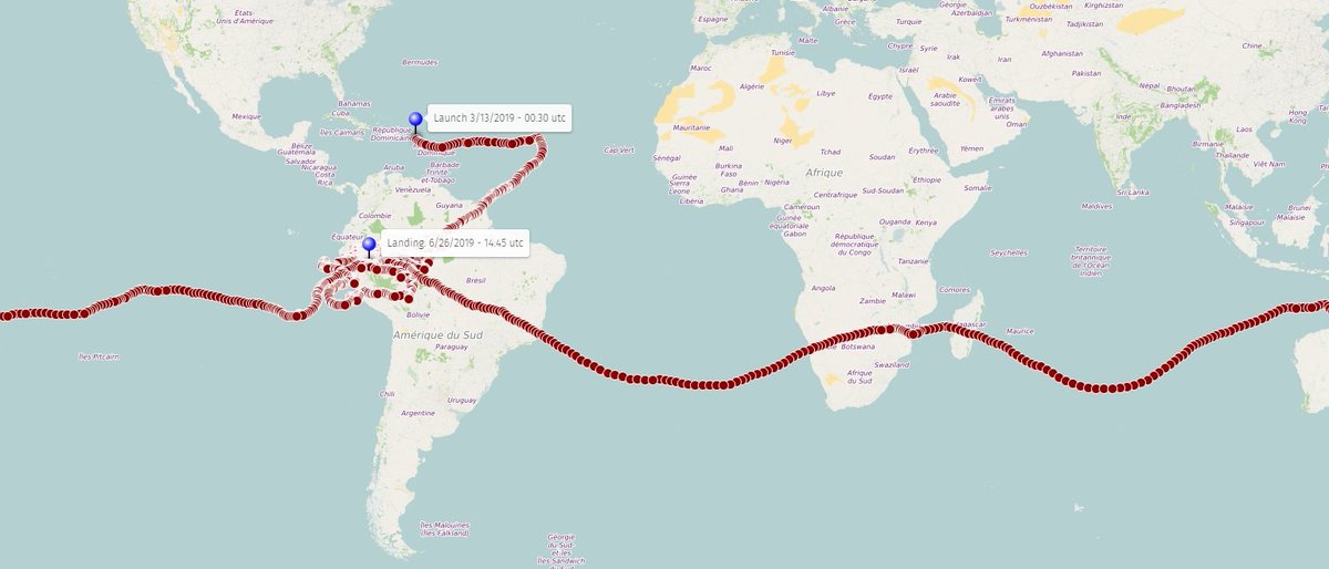 stratoballoon's tweet photo. #NewsFromTheLoonFleet
#HBAL575 a #ProjectLoon balloon launched from Puerto Rico on 3/13/2019 landed today at 14:45 utc 8 km NE of Orellana, Loreto Department, Peru.
Total flight time was 105 days.
https://t.co/MYBEK9aSAT https://t.co/A9Um8ROIv4