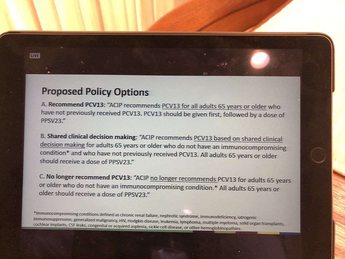 rossde's tweet image. #ACIP is voting on whether to continue PCV13 on healthy adults over 65. Data is conflicted on benefits.