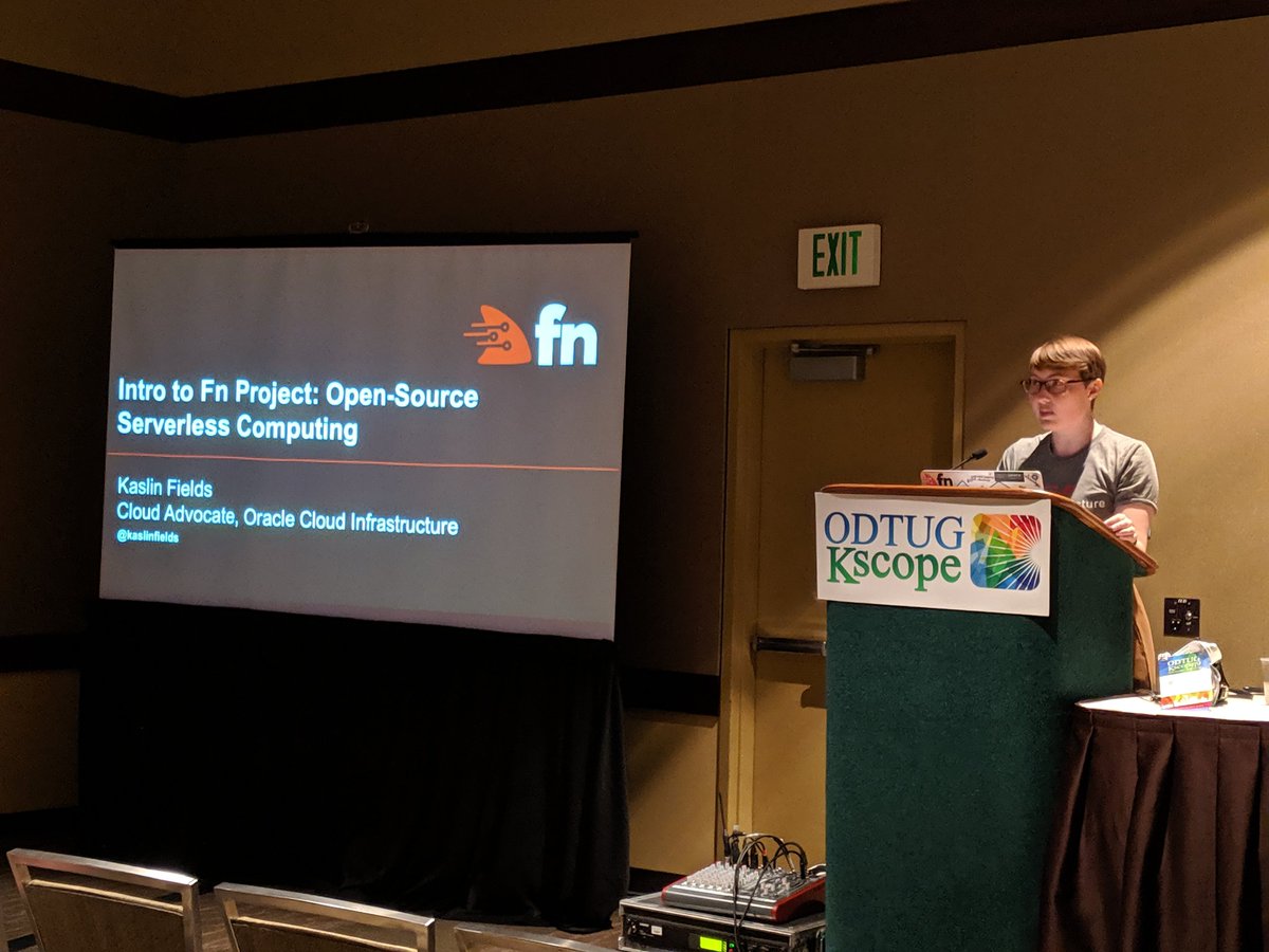 Been looking forward to this session by <a href="/kaslinfields/">Kaslin Fields</a> on <a href="/fnproject/">Fn</a> and #serveless computing. #kscope19 #EmergingTech