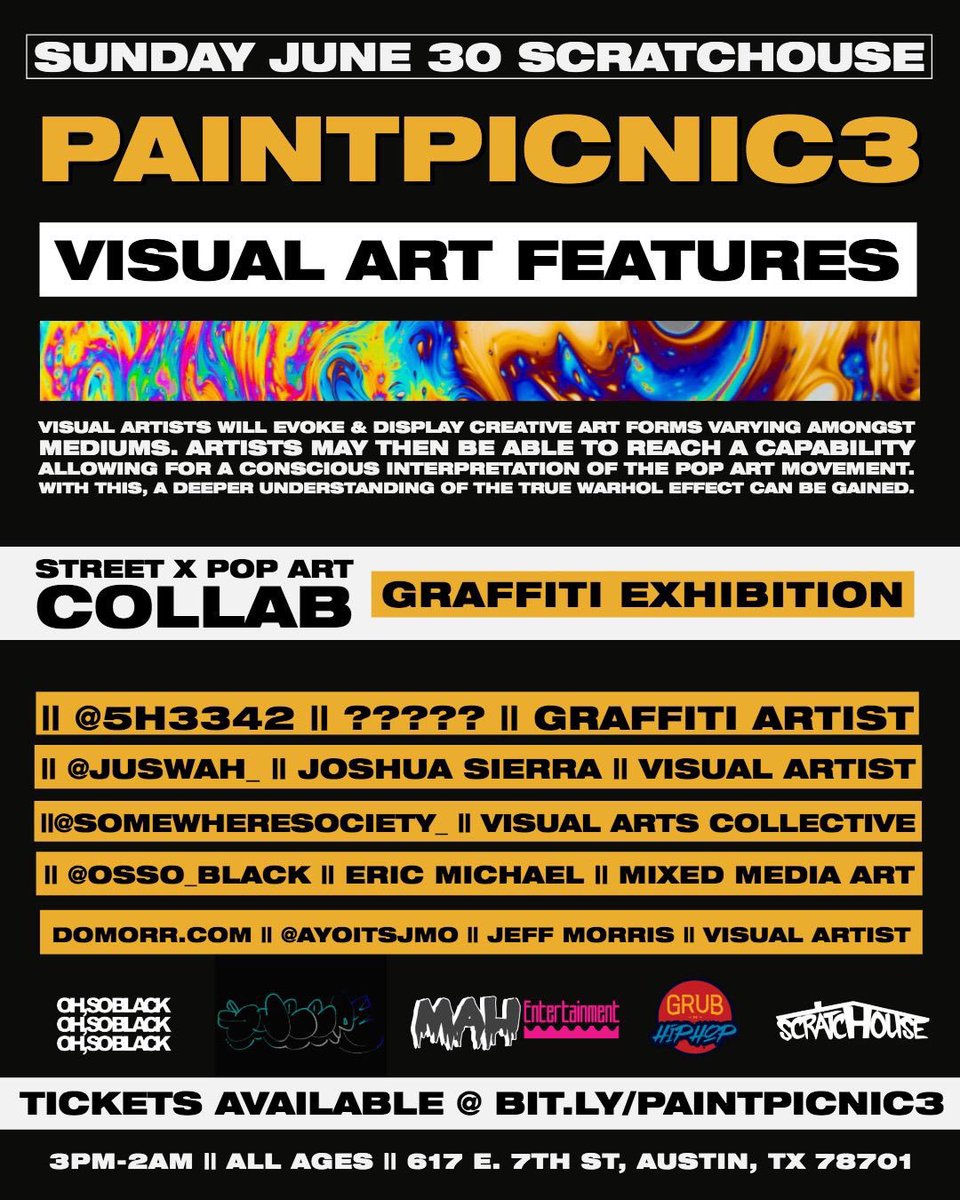 FEATURED VISUAL ARTISTS #PaintPicnic3

#Graffiti #PopArt #StreetArt

TICKETS &amp; VENDOR PASSES still available at👇
👉  bit.ly/paintpicnic3👈  
FB: bit.ly/warholeffect