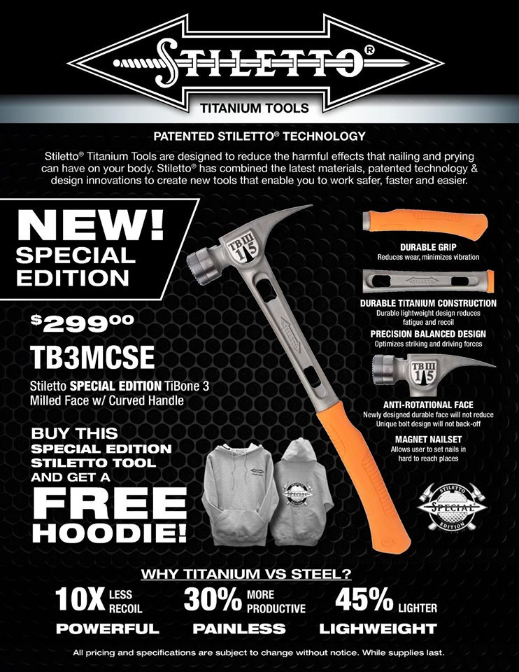 BulkleyValleyBC's tweet photo. On now... the best contractor hammer on on the market by @Stiletto_Tools. Purchase a hammer, receive a free hoodie @BulkleyValleyBC https://t.co/4mijsrjqIz