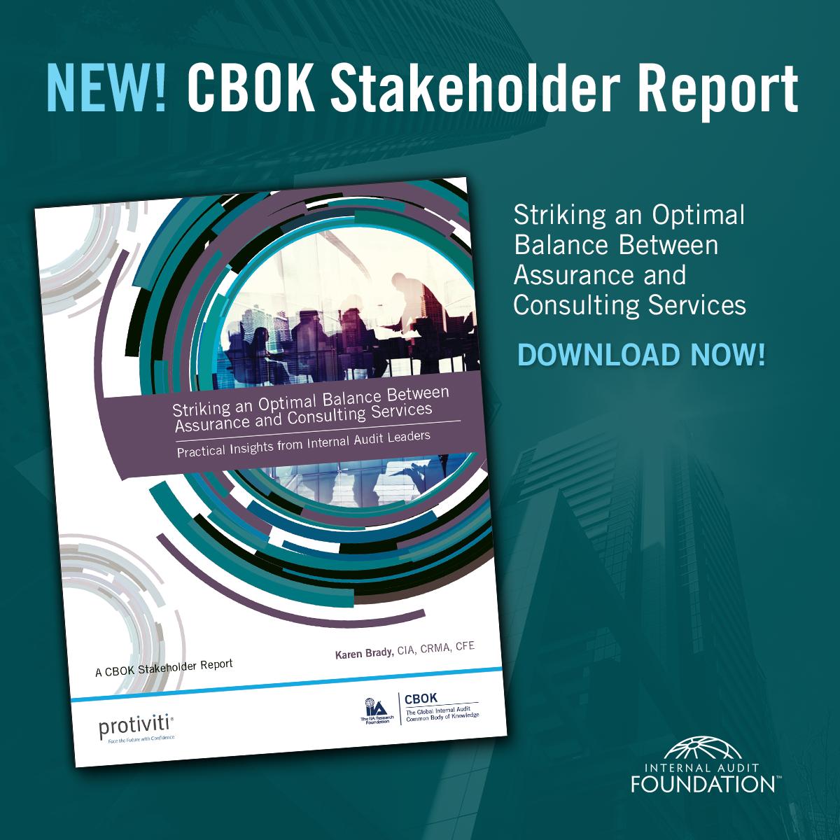 TheIIA's tweet photo. Do you know what it takes to strike the balance between #internalaudit assurance &amp; consulting services? Stakeholders want it, so you should get the new #CBOK report.  https://t.co/La3G7kArGP https://t.co/EdVtdUG2gV