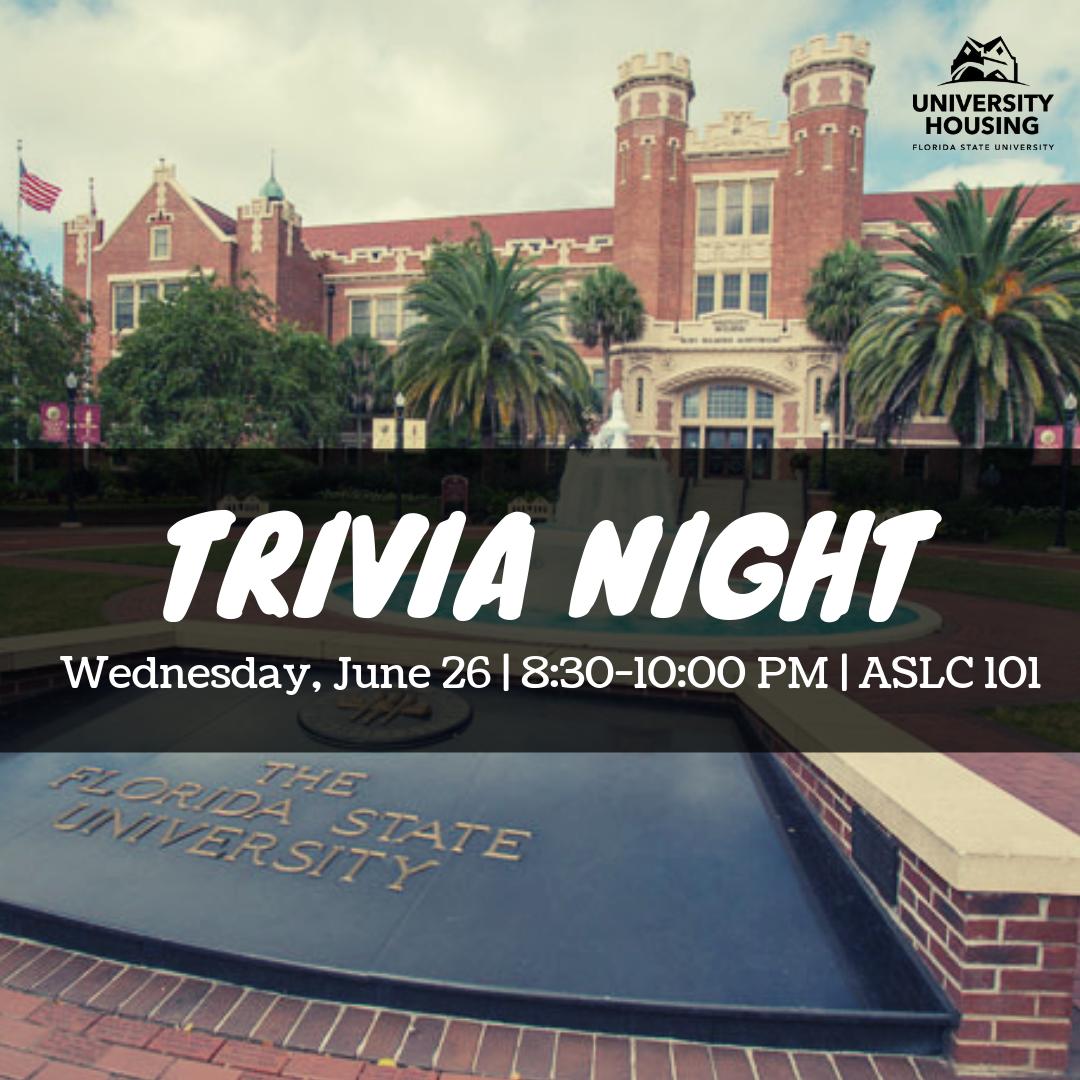 HousingFSU's tweet photo. Join us tonight for FSU themed trivia! 8:30 PM in ASLC 101. See you there! #livewithus #welcomeweekFSU https://t.co/0iTwpcQSGi