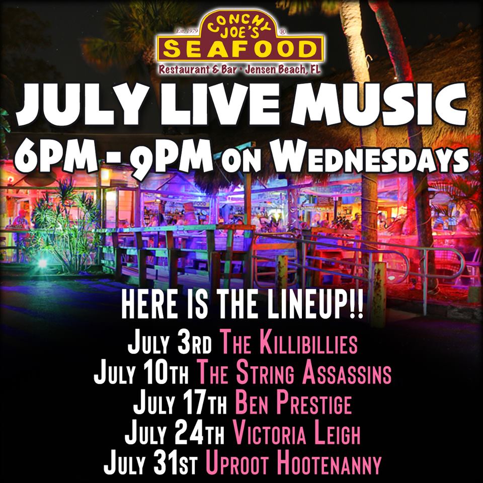 NEW for JULY!!! Wednesday Nights we are bringing in local bands for some awesome LIVE Music! #ConchyJoes #TreasureCoast #LIVEMusic #JensenBeach #SummerFun