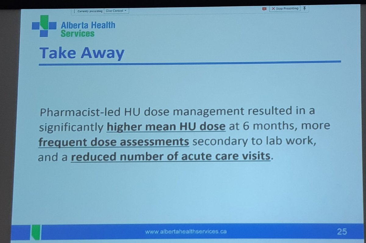 JoshuaRTorrance's tweet photo. Research by Amanda Sha showsls that addition of pharmacist to team improved hydroxyurea doses and reduced acute care visits @cshp_ab #cshpab #TwitteRx https://t.co/vfw1TGzGBK