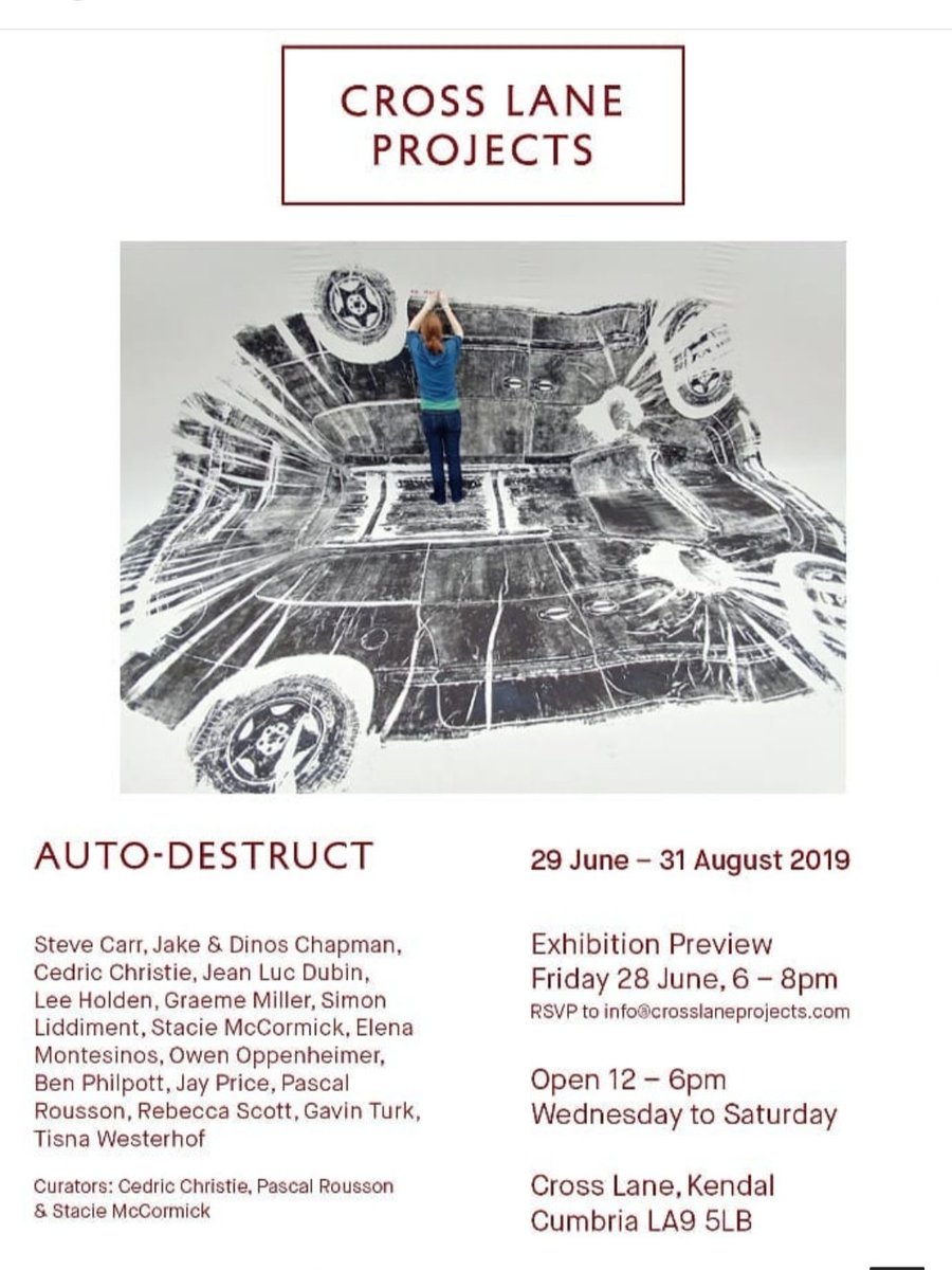 JPriceArt's tweet photo. Auto Destruct opens tomorrow at #CrossLaneProjects in #Kendal.
The space is incredible and the group of artists are brilliant. If you're about check it out. 6-8pm. Hopefully Charcoal the dog will be there too. Love that guy.
Yeah, that's my work on the poster *pride*.
#art #car https://t.co/0E2L1Tf9C8