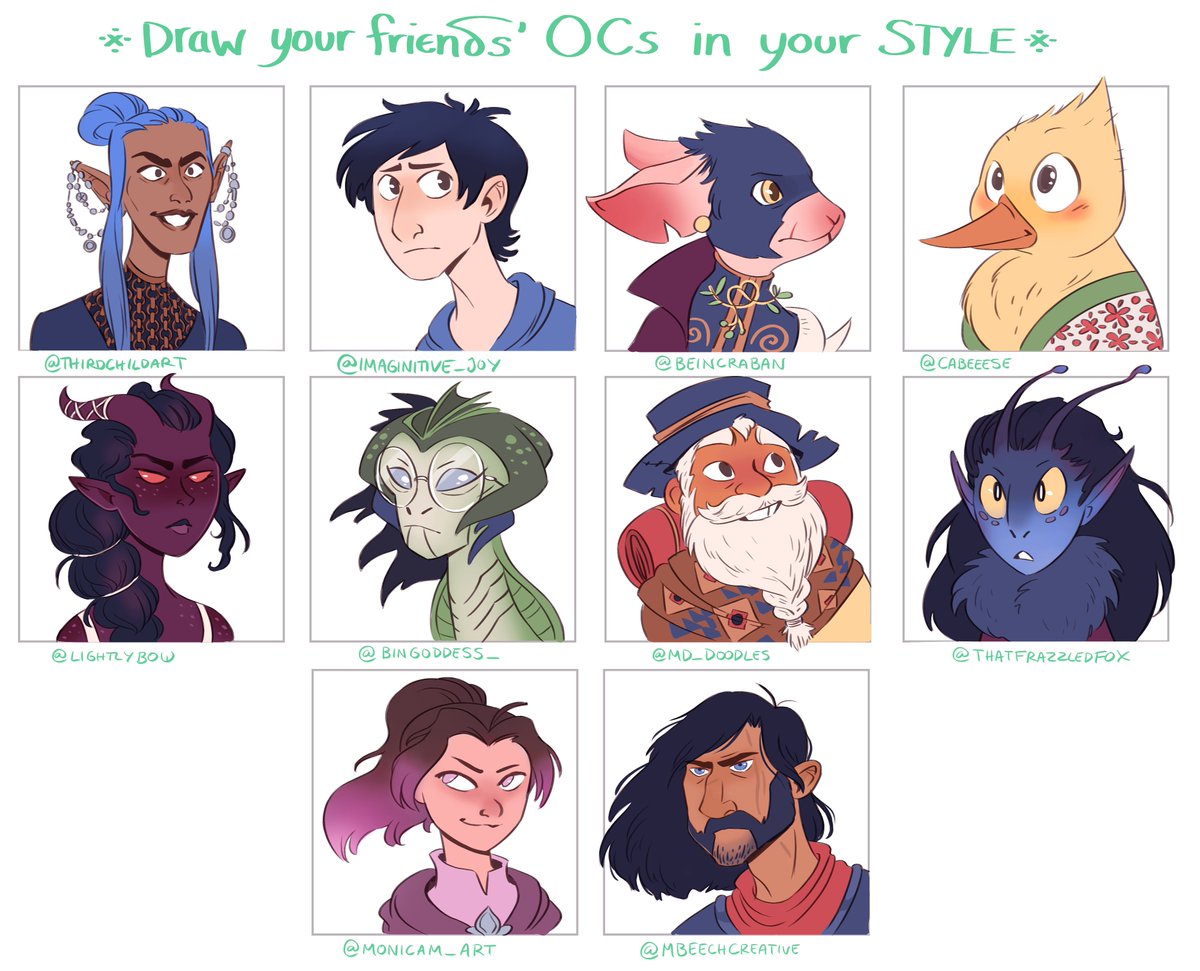 The OC meme is complete! Thank you all for lending me your beautiful children. Go follow these talented people, I'll link them in the thread!
✨✨✨
#ocmeme #drawthisinyourstyle #ocs #dnd #dndart #characterdesign #sketch #dndart #fantasy #fantasyart #illustration