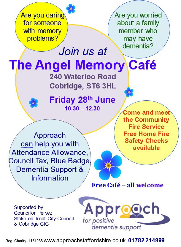 On Friday is our next FREE Angel Memory Cafe, a lovely place to find support if you're caring for someone with memory loss. This week the Fire Service will be coming along with free advice about keeping safe in your home. Hosted by <a href="/ApproachStaffs/">Approach Dementia Support</a> and supported by <a href="/pervezstoke/">Mohammed Pervez</a>