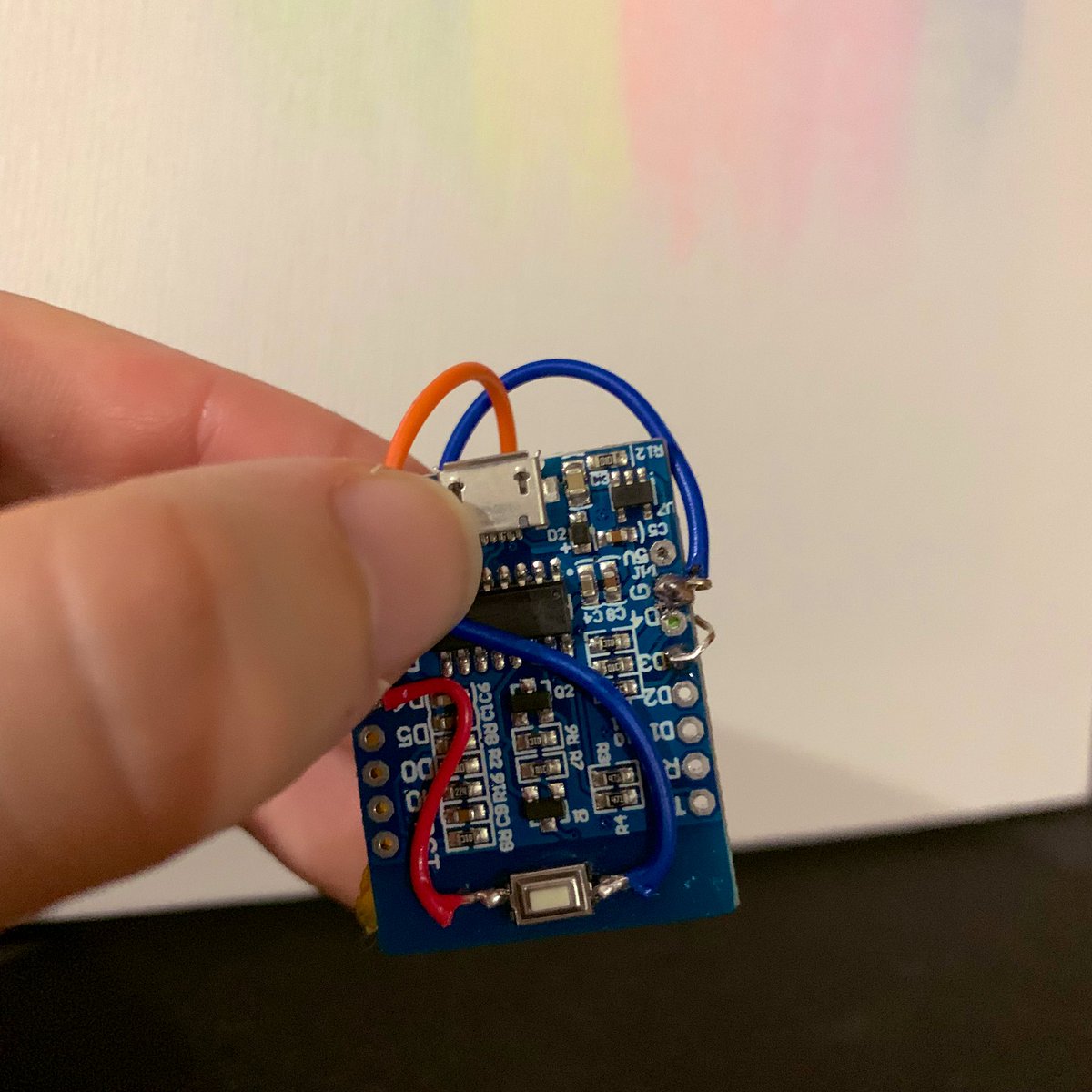 pjcsPRO's tweet photo. Simply by pressing that button this tiny homemade thing disconnects everyone around me from their Wi-Fi. I’ll be using it to show the importance of the planning phase on any project, specially when designing protocols! https://t.co/KjniyP8iz5