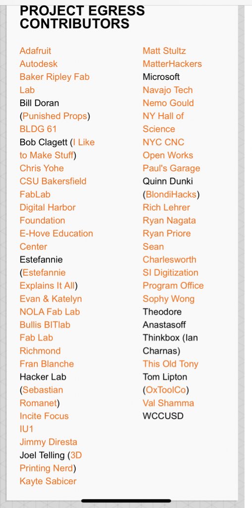 3DPGirl's tweet photo. Epic list of contributors for #ProjectEgress! After overwhelming love n gratitude reading this, know what else hit me? I met most/all these amazing peeps over the years at @makerfaire...πΏ Sending β€οΈ to @dalepd n Co. #JustSayin #DontStopBelieving #DontStopMaking #ShowMustGoOn π€ https://t.co/Kj5BnB6l3K