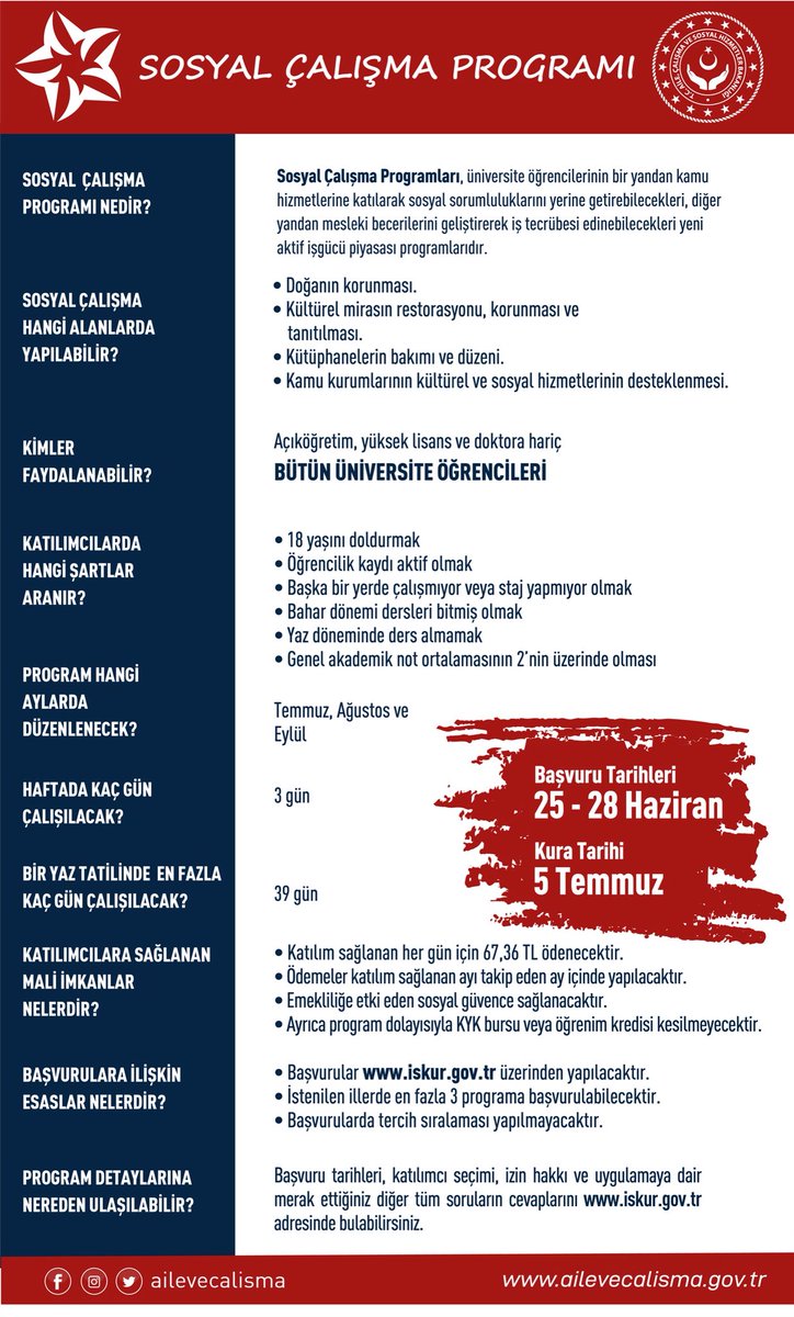 ZehraZumrutS's tweet photo. Gençlerimizin tecrübe edinmelerini ve sosyal sorumluluk bilincini artırmayı hedefleyen Sosyal Çalışma Programı'mıza başvuru için son tarih 28 Haziran! 

Haydi gençler bu fırsat kaçmaz!
@SosyalCalisma_ @ailevecalisma https://t.co/4Y3gFyhlZO