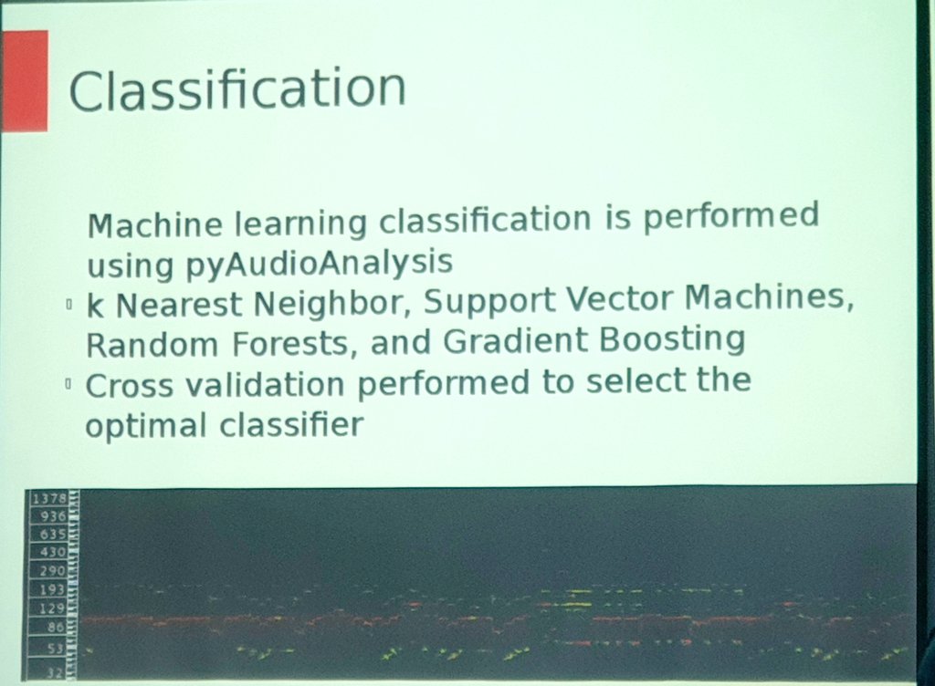PyDataDublin's tweet photo. Josh used the #python library pyAudioAnalysis. KNN, n=3 turned out to be the best classifier in this case - Josh Smith #PyDataDUB https://t.co/bNfhGFlNf8