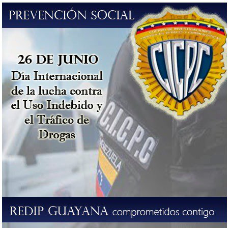 #26deJunio Día Internacional de la Lucha Contra el Uso Indebido y el Tráfico Ilícito de Drogas. "La prevención es un trabajo de todos"
<a href="/DouglasRicoVzla/">Douglas Rico</a> <a href="/JSalazarCICPC/">Jhonny Salazar</a> <a href="/MercyBracho1/">Com. Mercy Bracho</a> <a href="/JesusATeresen67/">Jesús Abraham Teresen Romero</a>  @darwincicpc @SubGuayana0071
