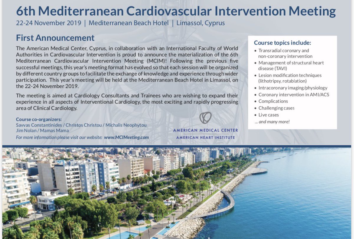 AspriAlexia's tweet photo. The American Medical Center announce the materialization of the :                       “6th Mediterranean Cardiovascular Intervention Meeting’ which will be held on 22-24 November 2019 in  #limassol #Cyprus🇨🇾 #Cardiovascular #InterventionalCardiogy https://t.co/TFILWGDeJR https://t.co/TCM6u8fOMn