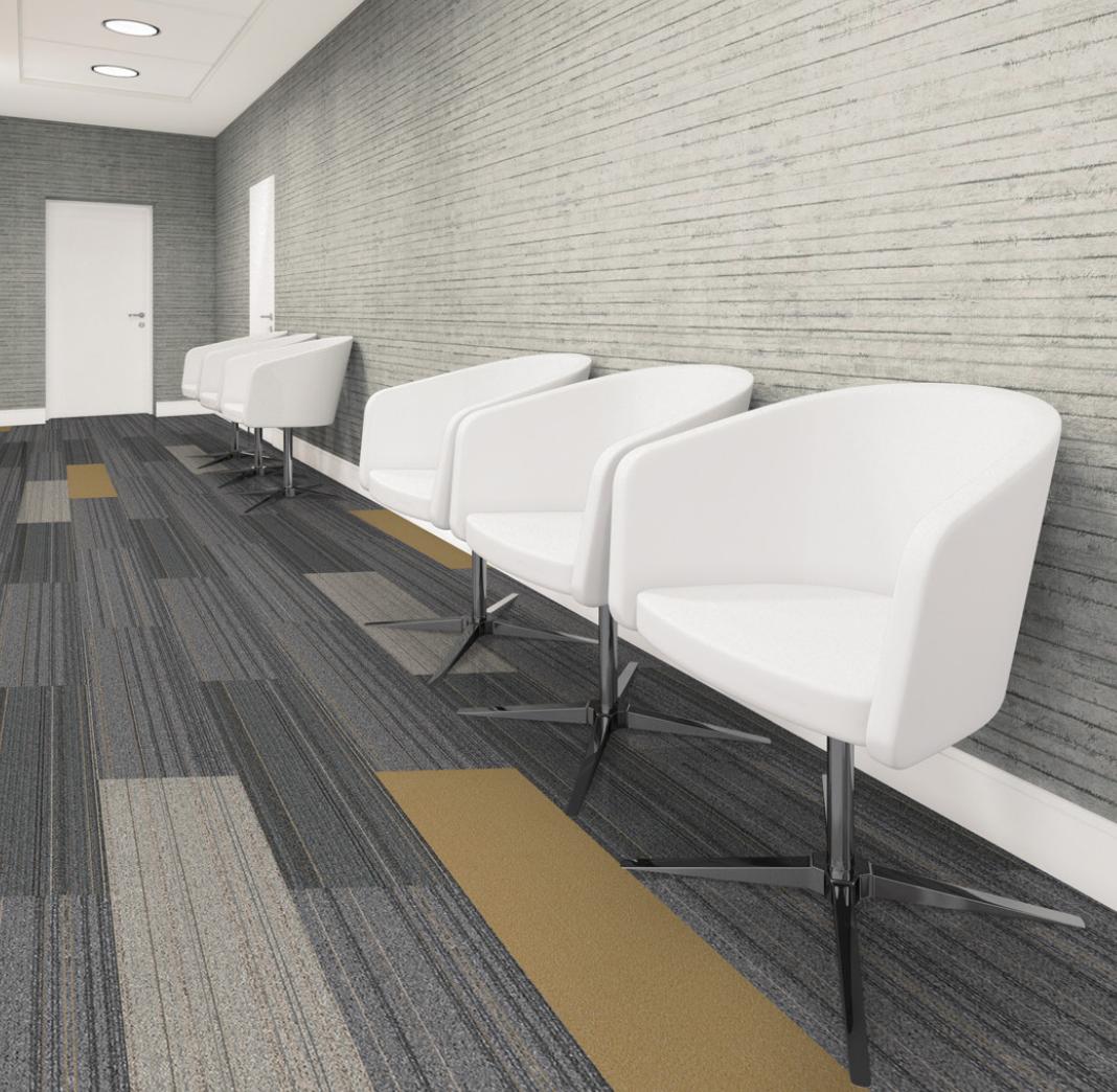 EFContract's tweet image. Liaison is a linear, well-defined stripe made up of asymmetrical bands of color. Clean and precise, this style utilizes unique combinations of color to deliver a fresh &amp;amp; fun take on the classic stripe. #modularcarpet #commercialflooring #interiordesign #flooringsolutions